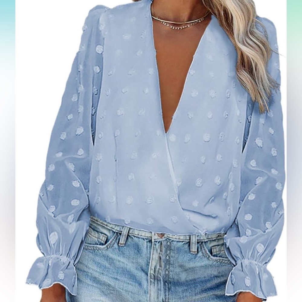 V neck light blue work Blouse- Medium
